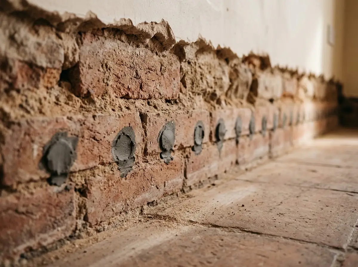 Pared de ladrillo de una casa antigua con una fila de pequeños taladros sellados en la base