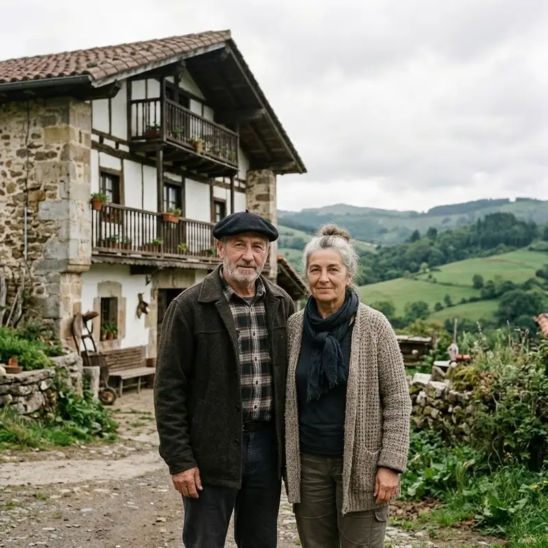 Pareja delante de un caserío de piedra rodeado de prados verdes en Bizkaia