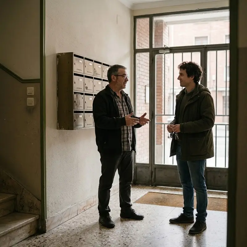 Dos vecinos hablando en el portal de un edificio de viviendas de ladrillo