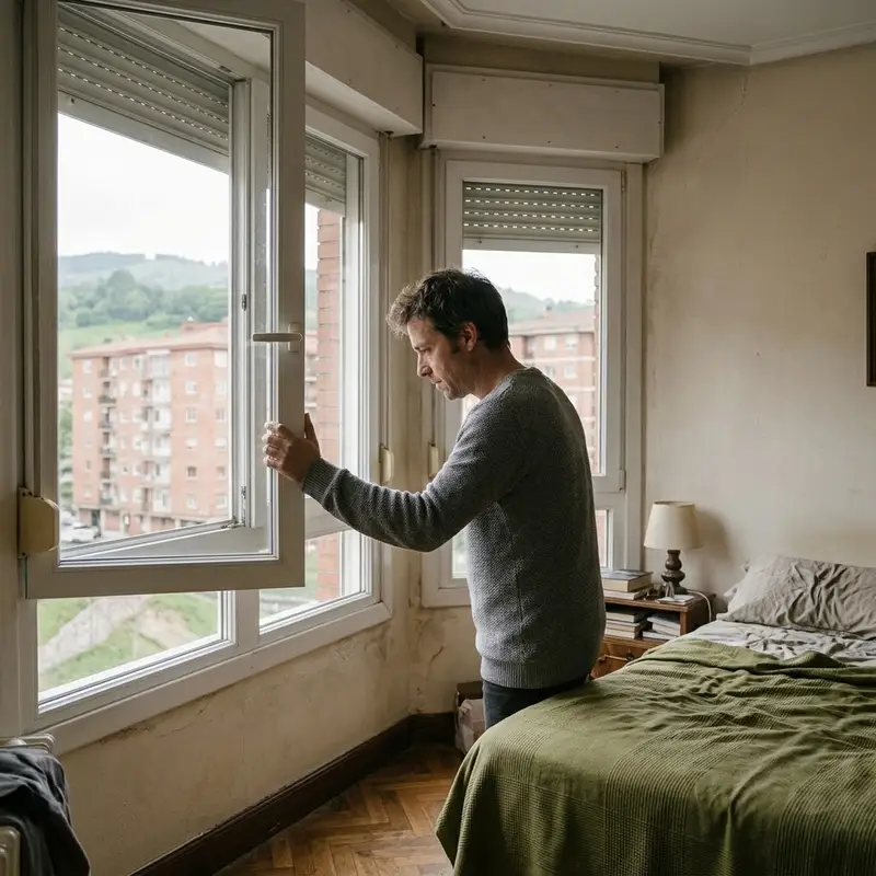 Hombre de unos cuarenta años abriendo la ventana del dormitorio de su piso en Bilbao
