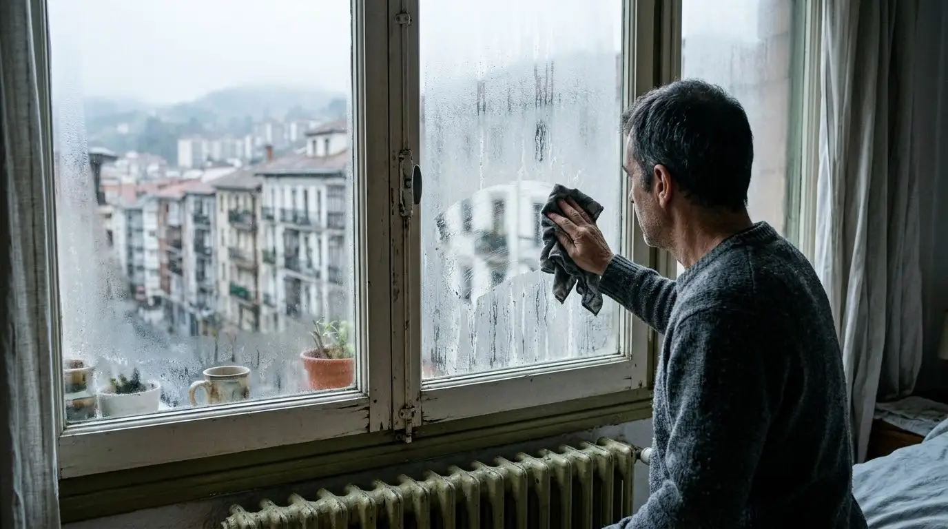 Hombre limpiando el vaho de la ventana de su dormitorio una mañana de invierno en un piso de Bilbao