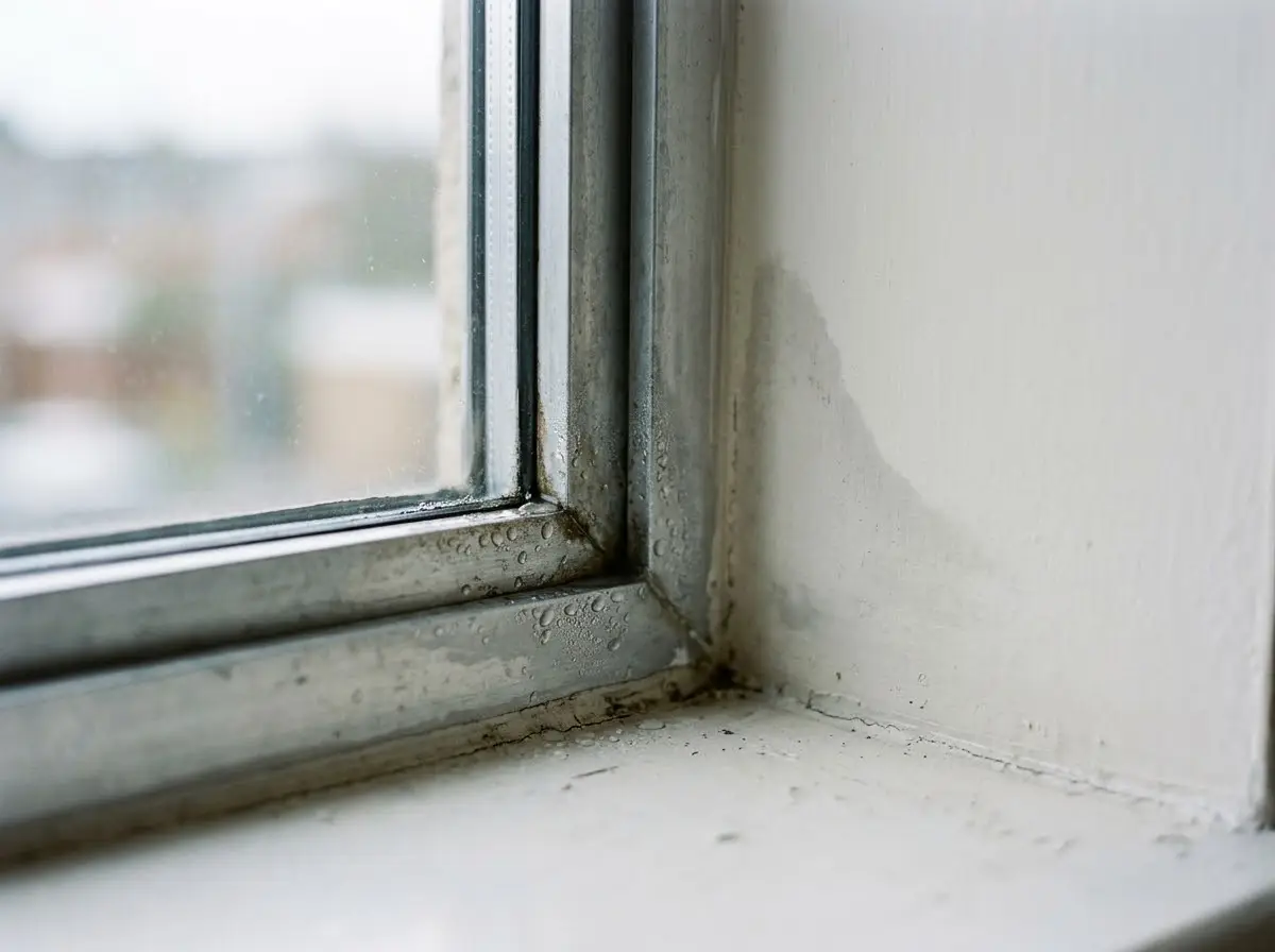 Gotas de agua en el marco de una ventana de aluminio antigua por dentro de la casa