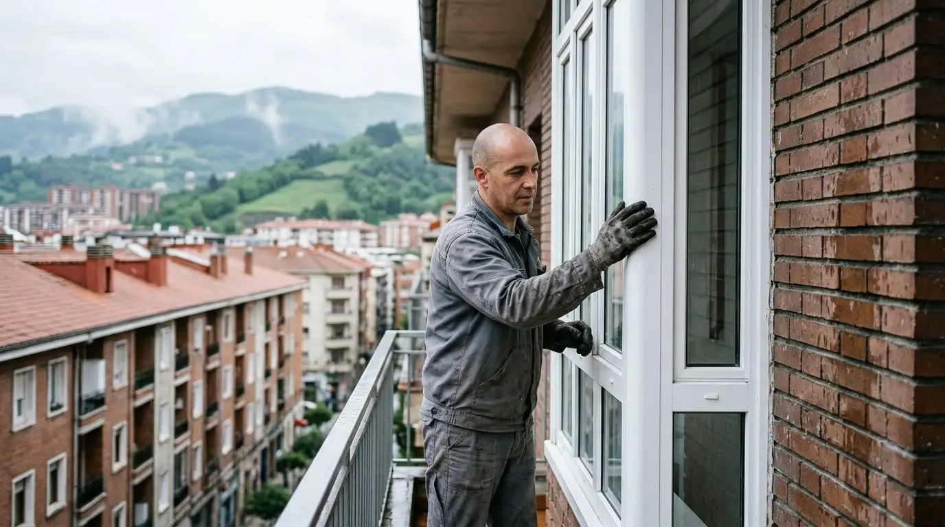 Operario revisando el sellado de un mirador en la fachada de un edificio de viviendas