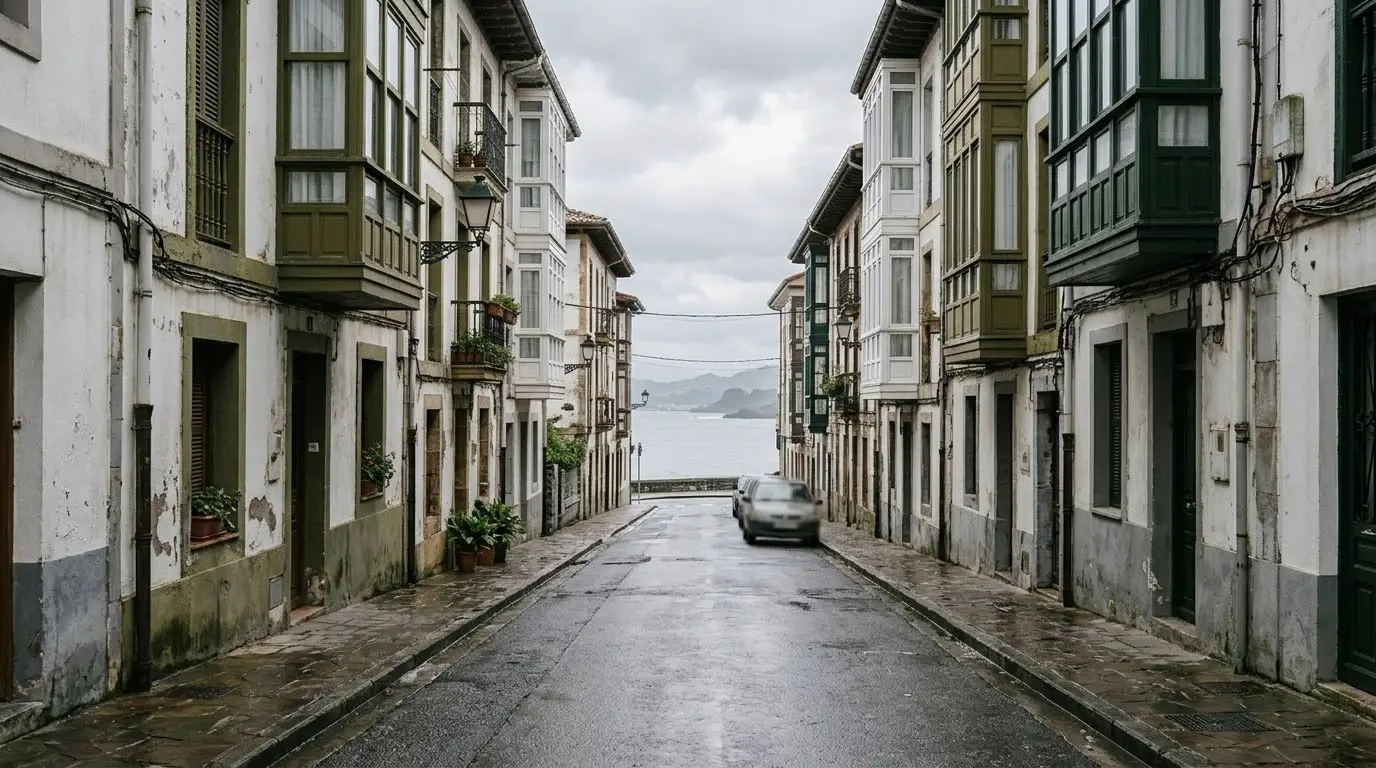 Calle de Getxo con casas antiguas de fachada blanca y miradores de madera cerca del mar en un día nublado