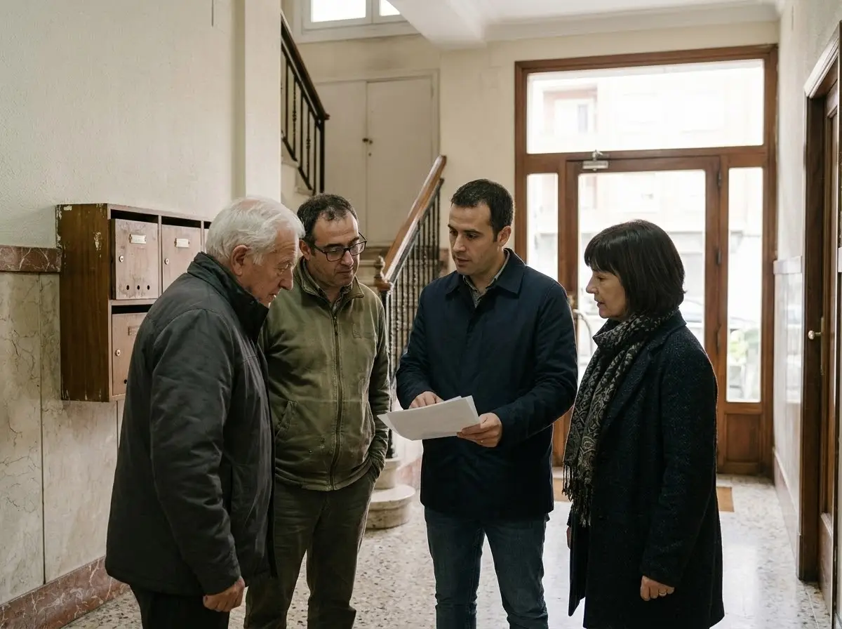 Vecinos reunidos en el portal de su edificio mirando unos papeles con el administrador