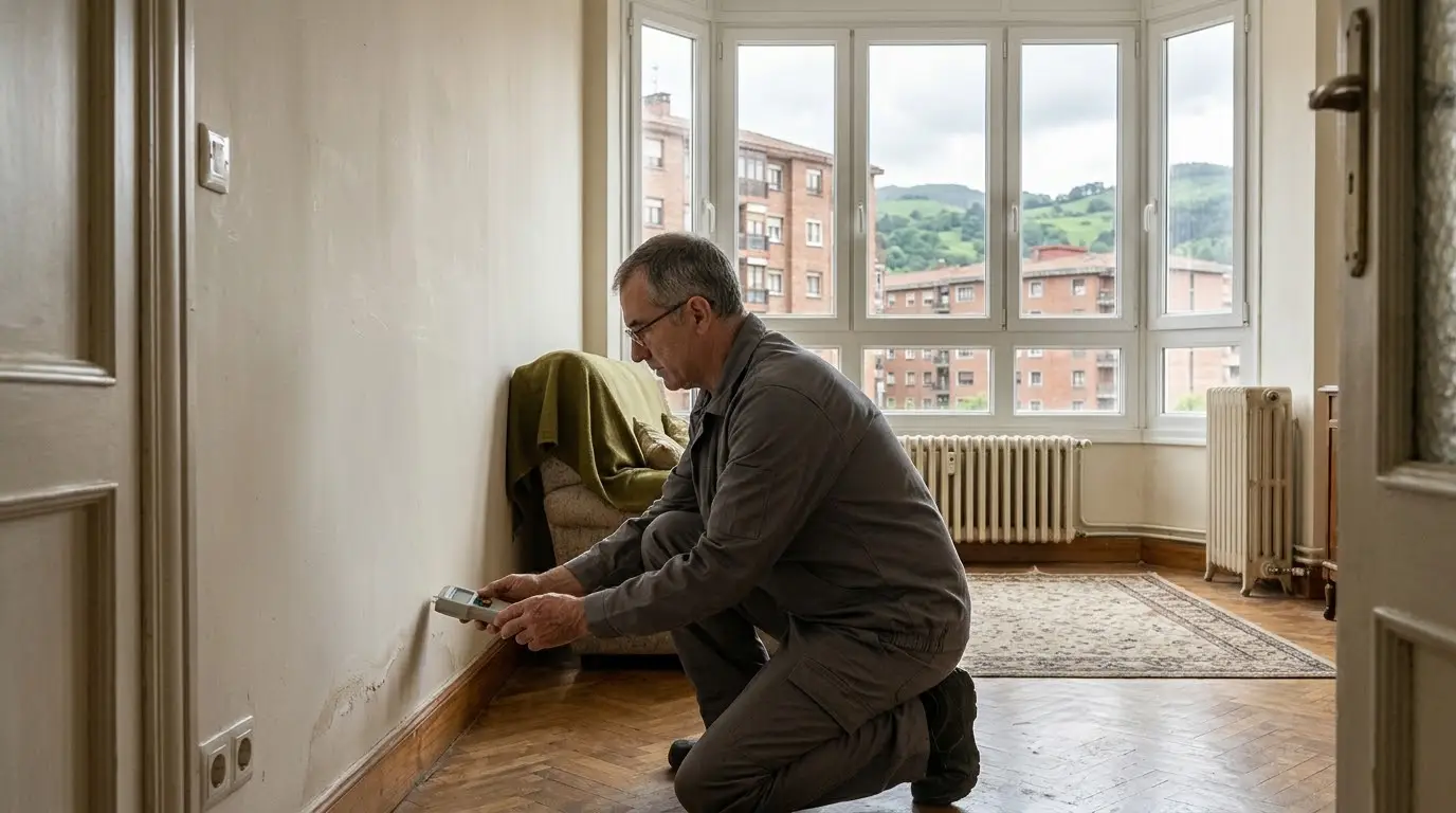 Técnico midiendo la humedad de la pared de un salón en un piso antiguo de Bilbao
