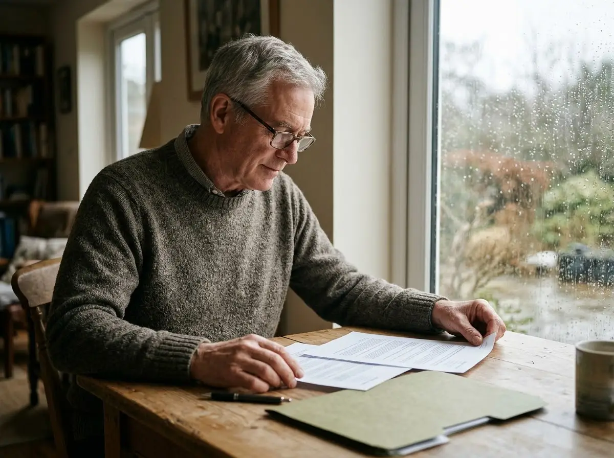 Hombre de unos sesenta años comparando dos presupuestos en una mesa junto a la ventana