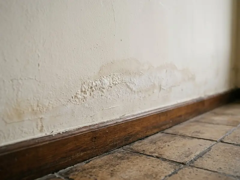 Parte baja de una pared con la pintura levantada y marcas de salitre en un bajo antiguo