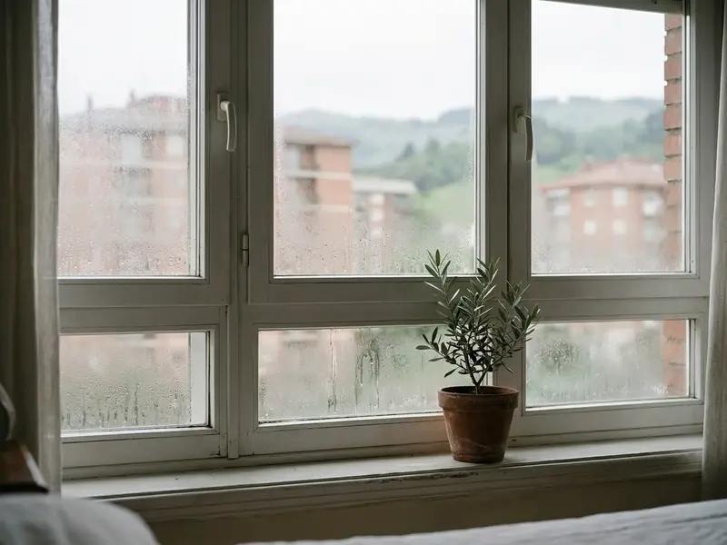 Cristal de una ventana empañado con gotas de agua en un piso con vistas a montes verdes