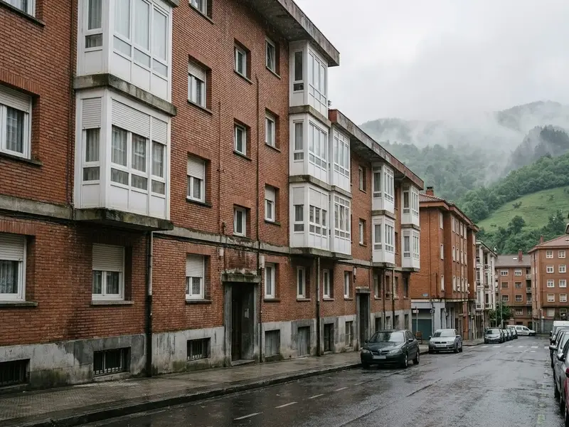 Fachada de ladrillo con miradores blancos de un edificio de viviendas en un día de lluvia
