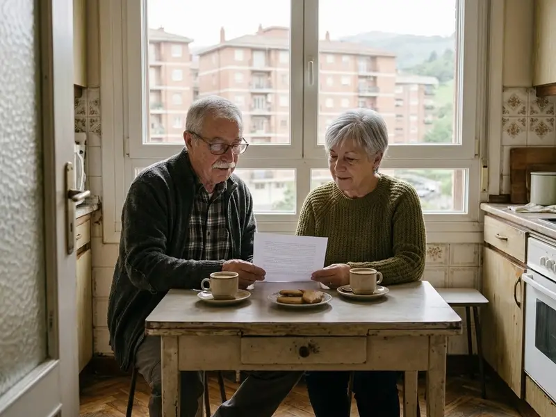 Pareja mayor leyendo un presupuesto en la mesa de la cocina de su piso